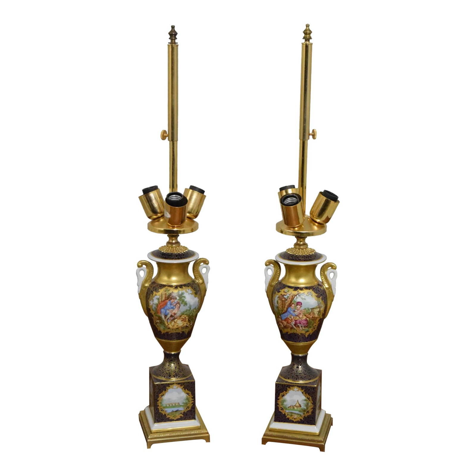 Elegant 1980s Sevres Style Italian Porcelain Lamp Pair with Swan Arms (1 of 9)