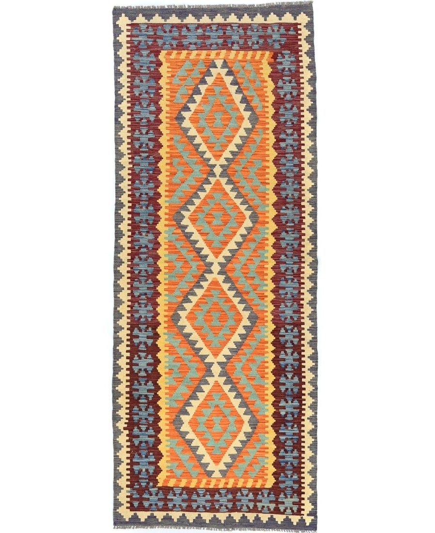 Wool Kilim Runner Rug 2'10 x 8'4 Multicolor Geometric Tribal: Wool Kilim Runner Rug 2'10 x 8'4 Multicolor Geometric Tribal This hand-woven kilim runner rug features a vibrant multicolored geometric pattern in a modern tribal style. Crafted from wool, it is rever