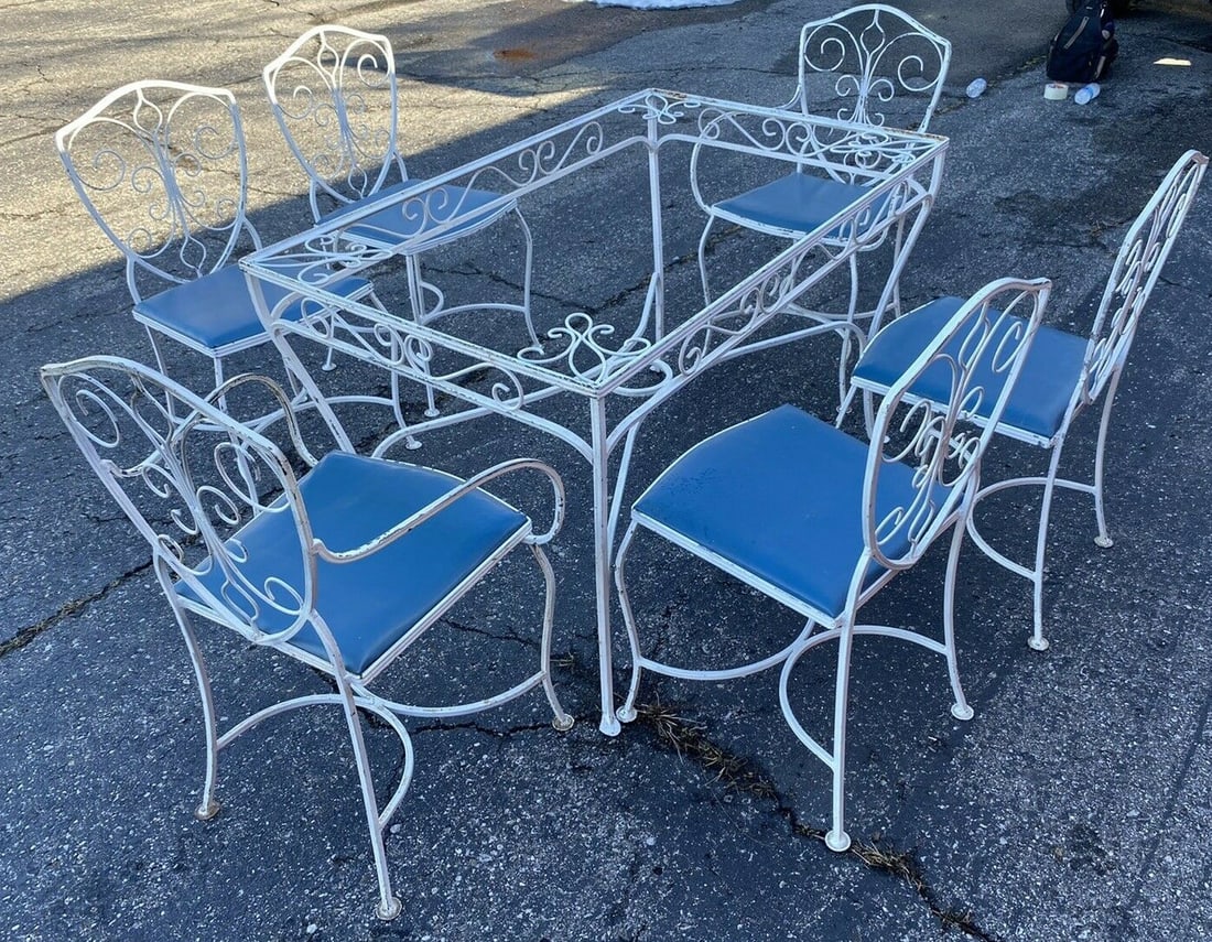 Salterini wrought iron patio dining set 7 pieces with glass top table (1 of 11)