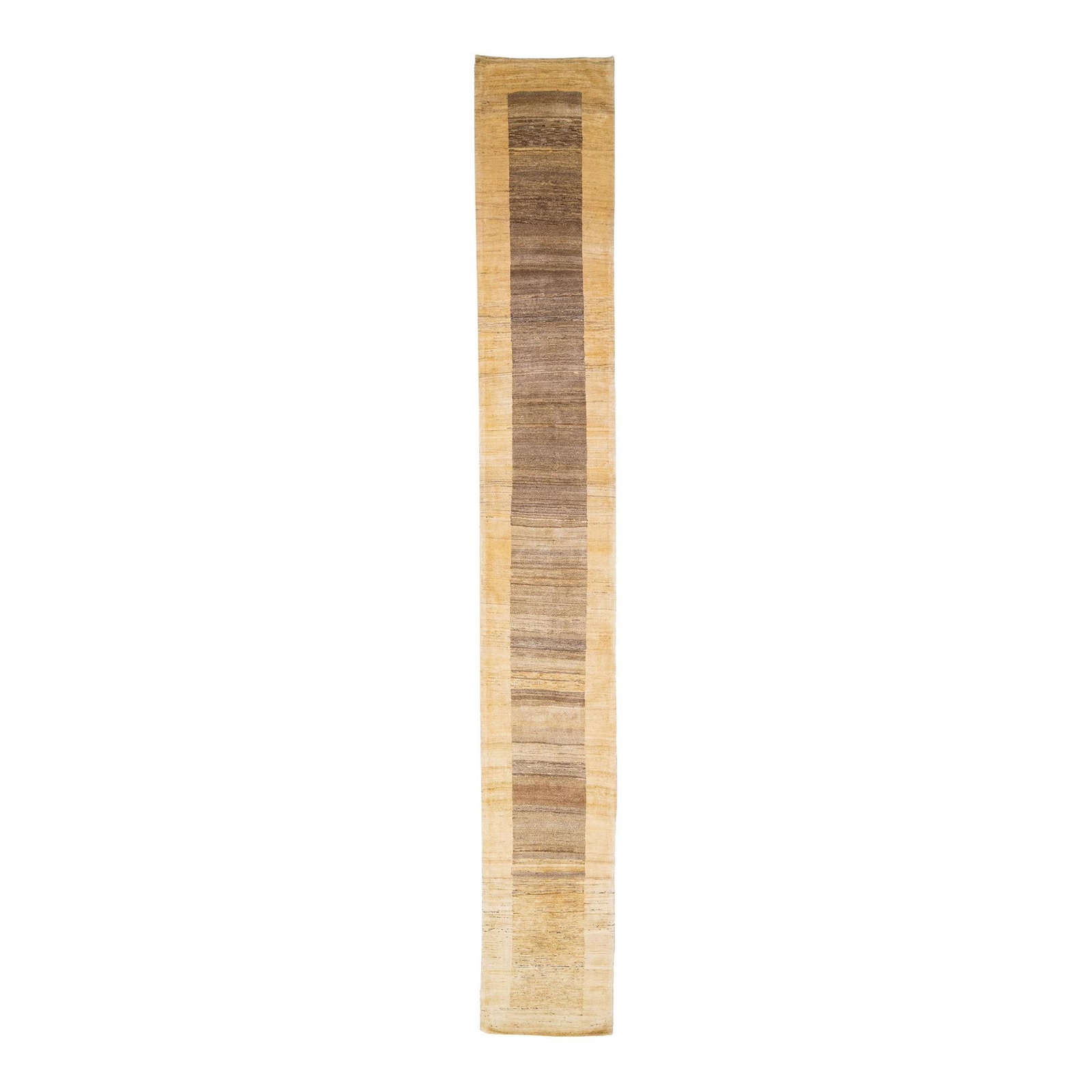 Handmade Modern Gabbeh Brown Wool Runner 2'7 x 18'7 Geometric Design: Handmade Modern Gabbeh Brown Wool Runner 2'7 x 18'7 Geometric Design Enhance your living space with this exquisite modern Gabbeh-style hand-woven wool runner. Featuring a rich brown color field comple