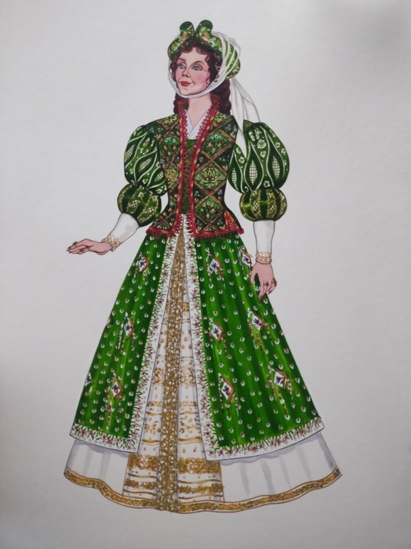 Original watercolor costume design painting Medieval lady Pageant Doll 14 x 18: Original watercolor costume design painting Medieval lady Pageant Doll 14 x 18 Vintage original watercolor costume fashion painting depicting a medieval lady maid. This hand-done work on artist board 