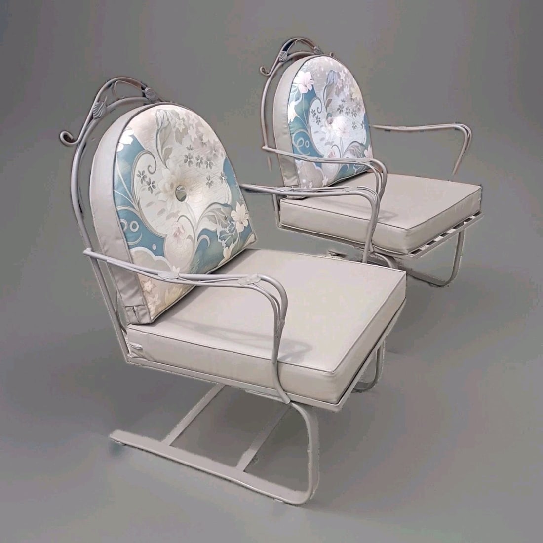 Pair of Meadowcraft Iron Cantilever Bouncer Patio Chairs with Original Cushions (1 of 13)