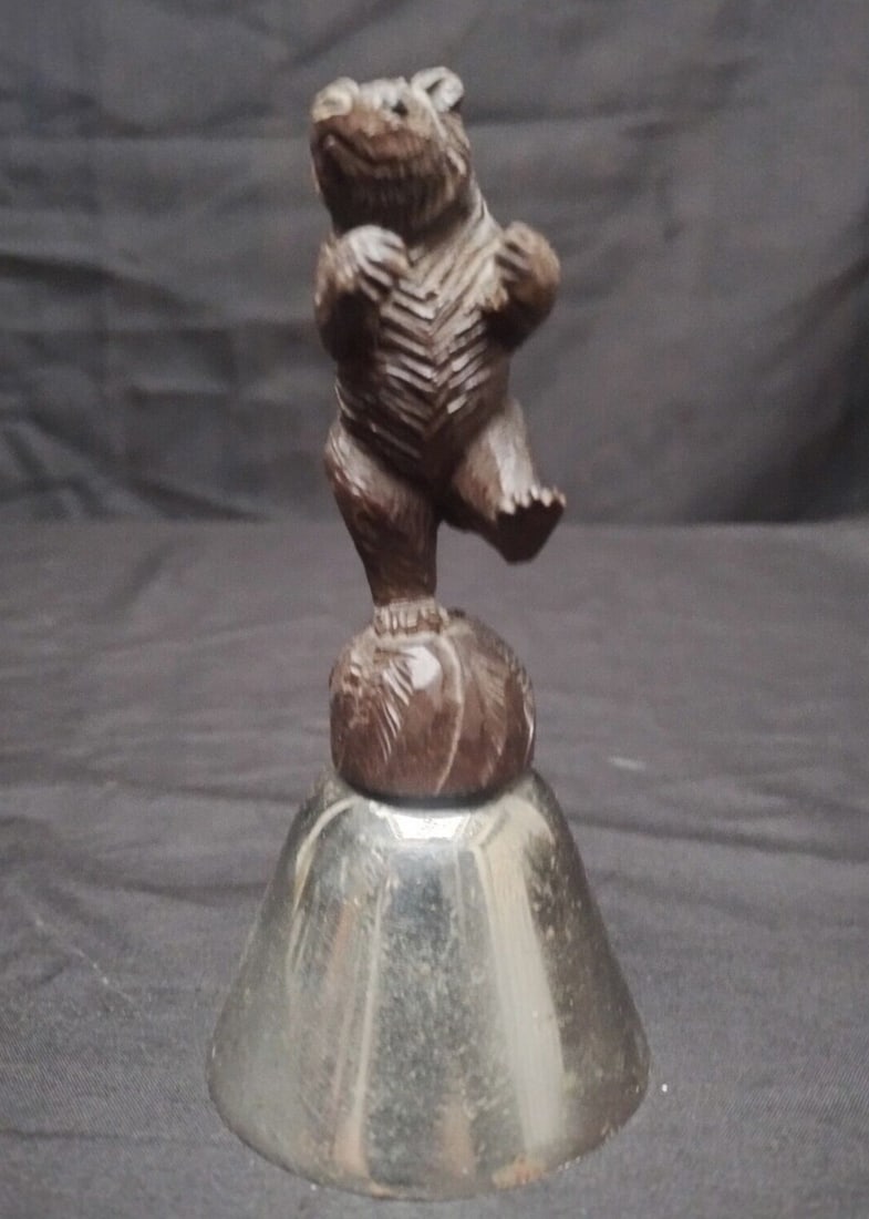 Black Forest Dancing Bear Table Bell Carved Wood Glass Eyes 5 inches (1 of 4)
