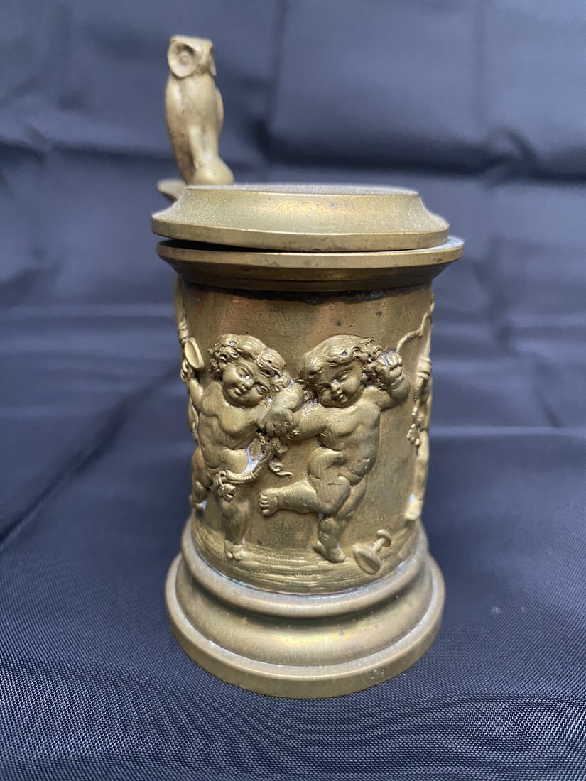 Miniature brass stein with owl finial and cherub scene 3.75" (1 of 15)