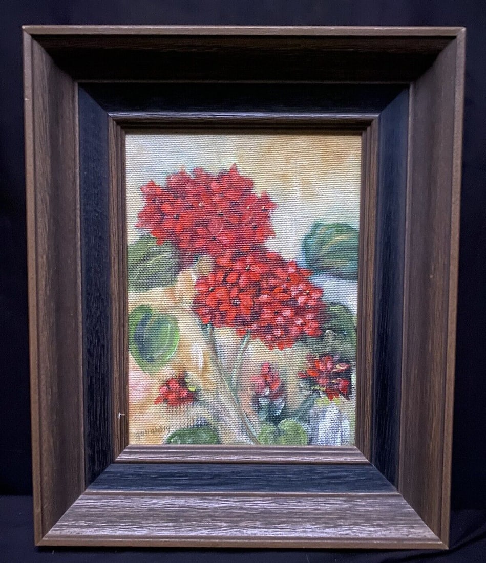 9x12 Floral Still Life Oil Painting by Dot Rude Golightly Texas: 9x12 Floral Still Life Oil Painting by Dot Rude Golightly Texas Vintage oil painting by Dot Rude Golightly featuring a floral still life. This pre-owned work is painted on masonite and is described as