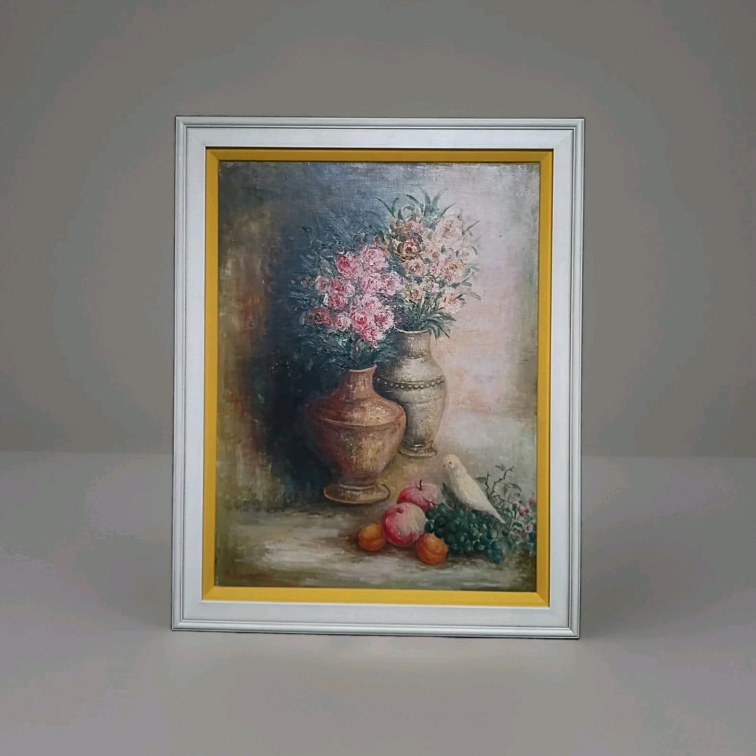 Framed 1930 oil on canvas still life by Marc Sterling 18x24: Framed 1930 oil on canvas still life by Marc Sterling 18x24 Original oil painting on canvas by Marc Sterling, dated 1930, featuring a dreamlike still life with floral, bird, and wine elements. The wor