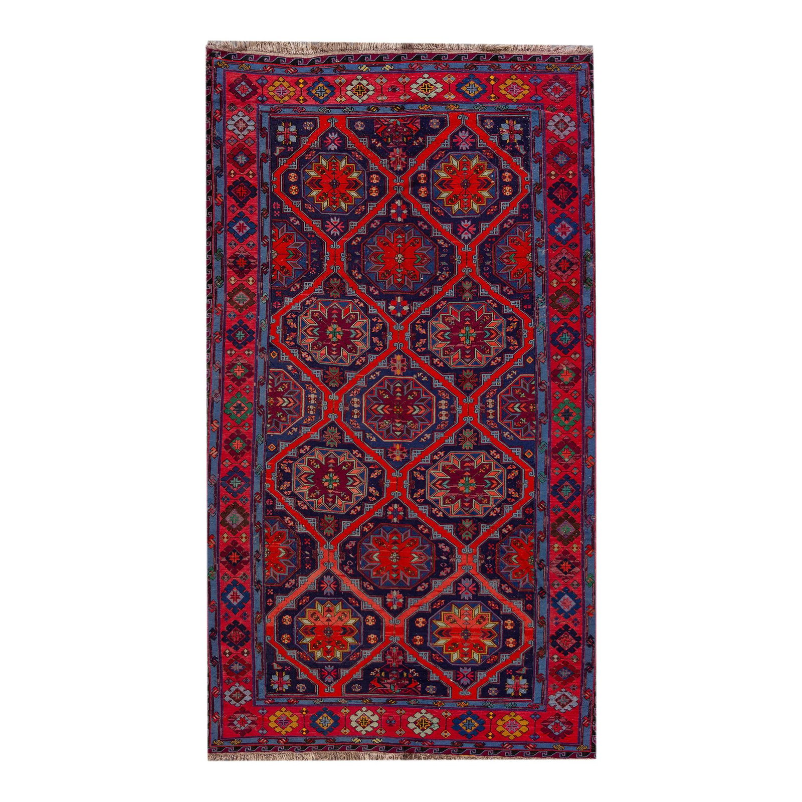 1960s Persian Bidjar Handmade Geometric Blue Wool Rug 7'01 x 12'08 (1 of 9)