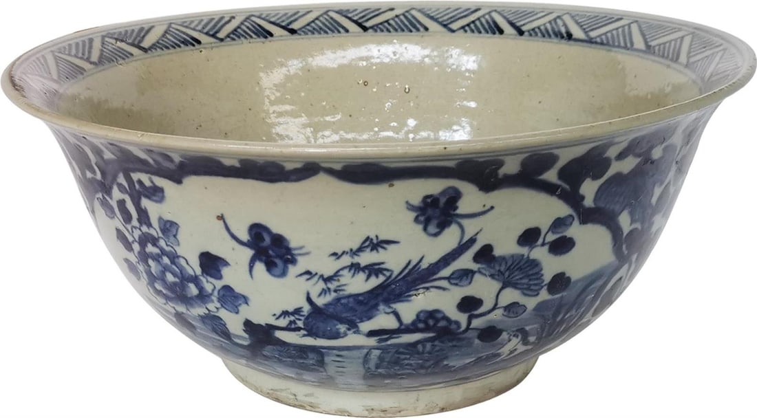 Handmade Asian Antique Style Ink Blue Ceramic Bowl with Bird Motifs (1 of 1)