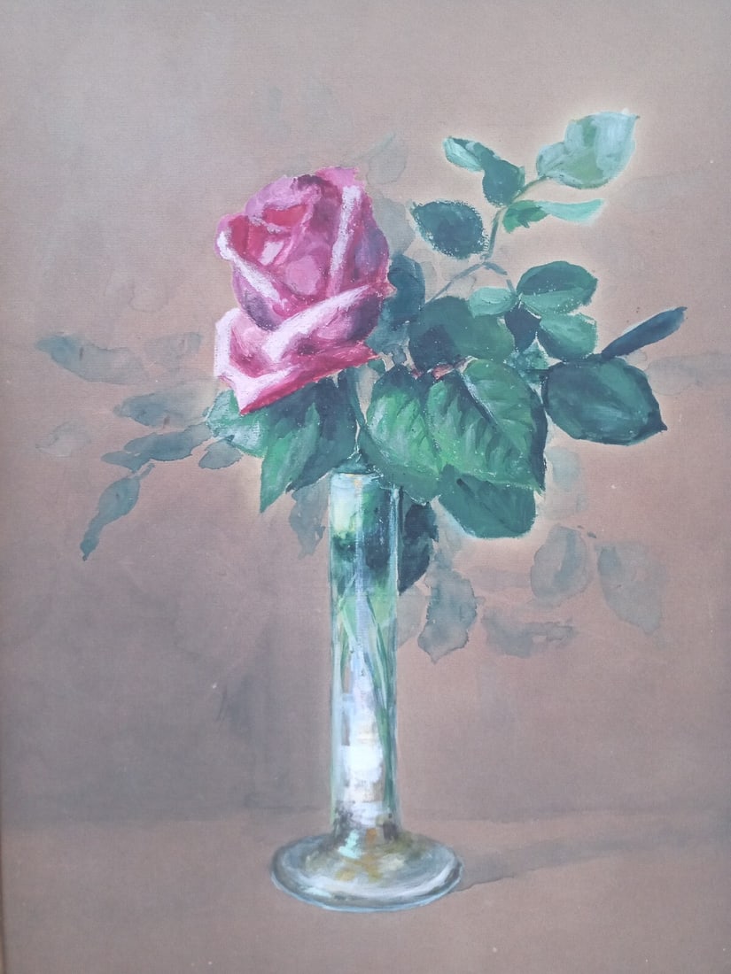 Framed Floral Still Life Watercolor of Rose in Glass Vase 17 inch: Framed Floral Still Life Watercolor of Rose in Glass Vase 17 inch Original still life painting depicting a rose in a glass vase. This framed floral work is presented on artist board and is described a