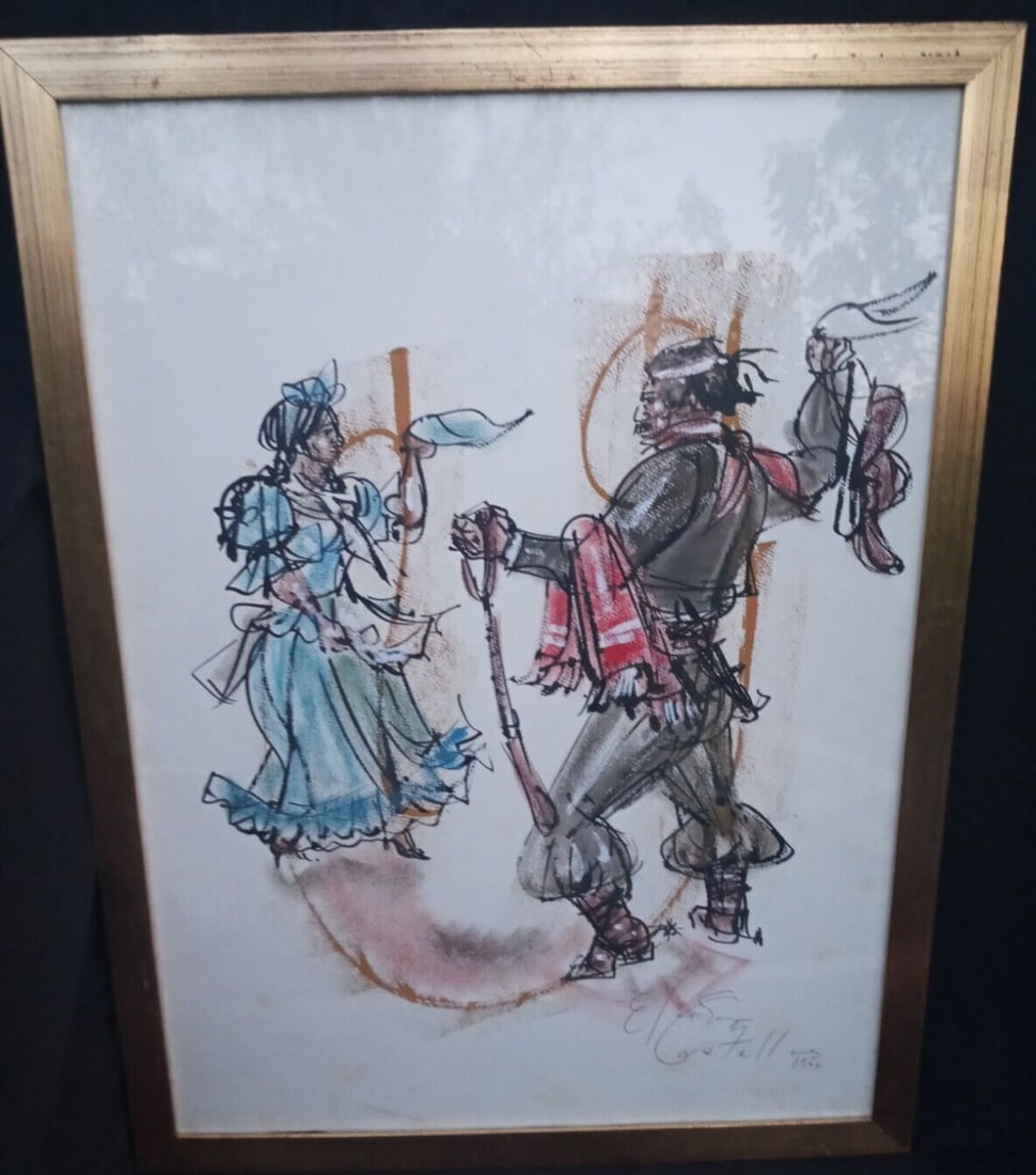 Framed Gaucho Rural Scene Painting by Elena Castellanos 27.5 in: Framed Gaucho Rural Scene Painting by Elena Castellanos 27.5 in Framed gaucho-themed artwork by Elena Castellanos, depicting a cowboy in a rural scene, likely dancing. Created in Argentina during the 