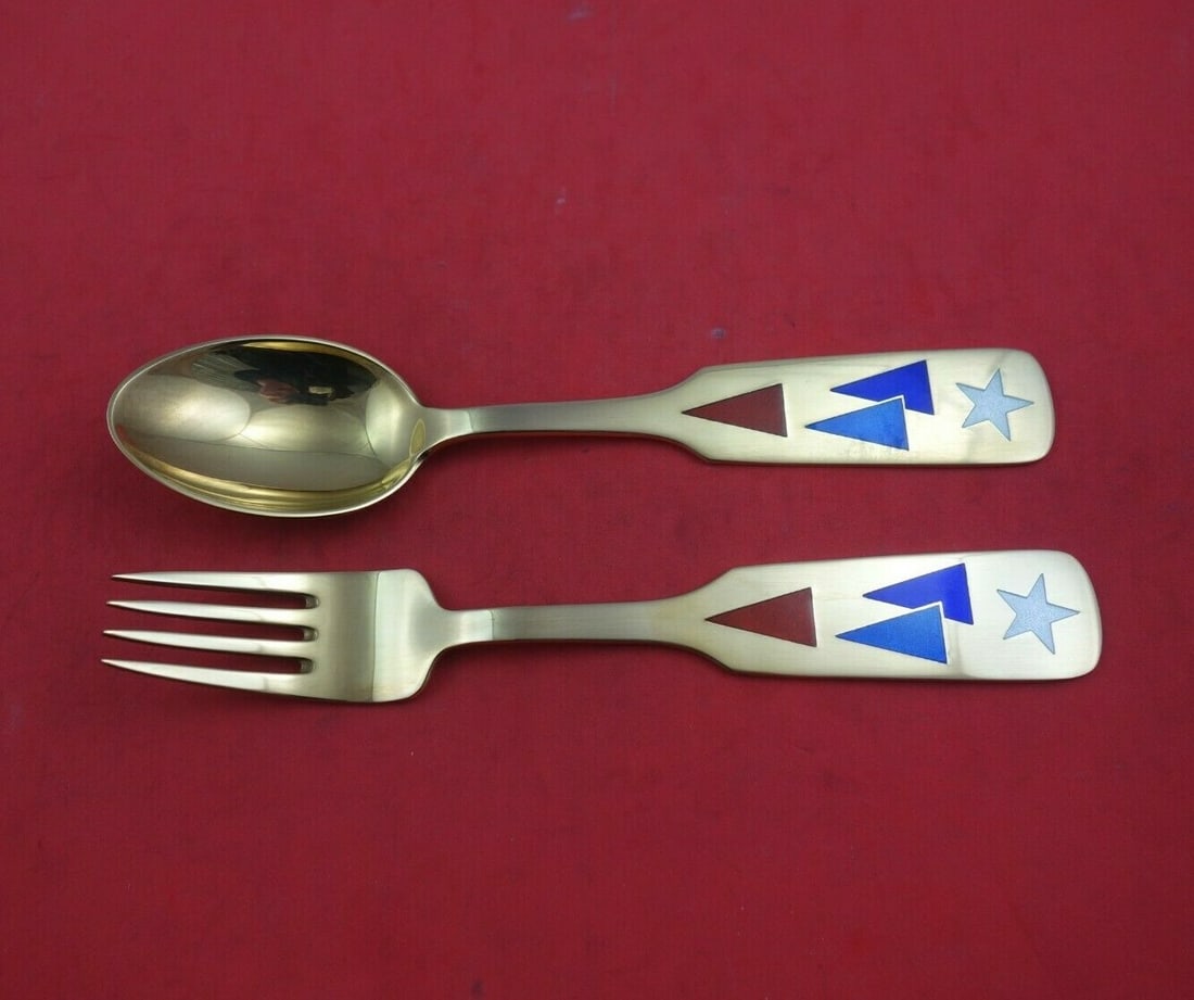 A. Michelsen 1954 Christmas Sterling Silver Fork Spoon Set 2pc Vermeil (1 of 3)