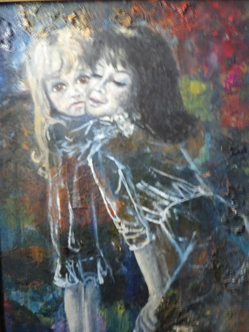 Framed Vintage Oil Painting of Big Eyed Girl and Mother 18 x 24: Framed Vintage Oil Painting of Big Eyed Girl and Mother 18 x 24 Vintage original oil painting from the Keane era depicting a big-eyed girl with her mother. Executed on masonite and presented framed, t