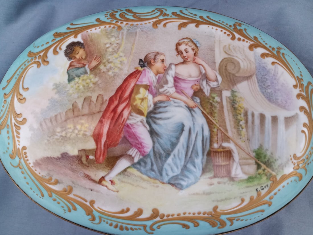 Sevres blue porcelain jewelry box with bronze mounts courting scene 11 in (1 of 13)