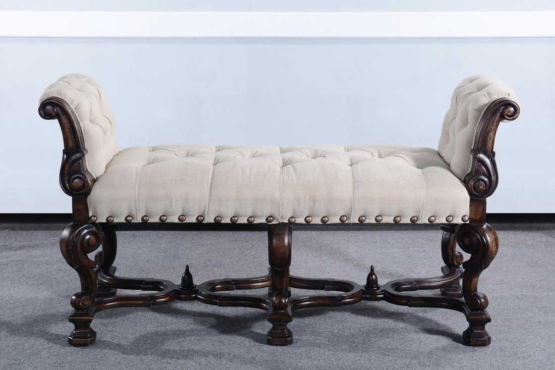 Antique Style Catalan Bench Seat with Scroll Legs: Antique Style Catalan Bench Seat with Scroll Legs This Vintage Style Inspired Catalan Bench Seat combines classic charm with modern functionality. Crafted with solid wood and upholstered in an antique