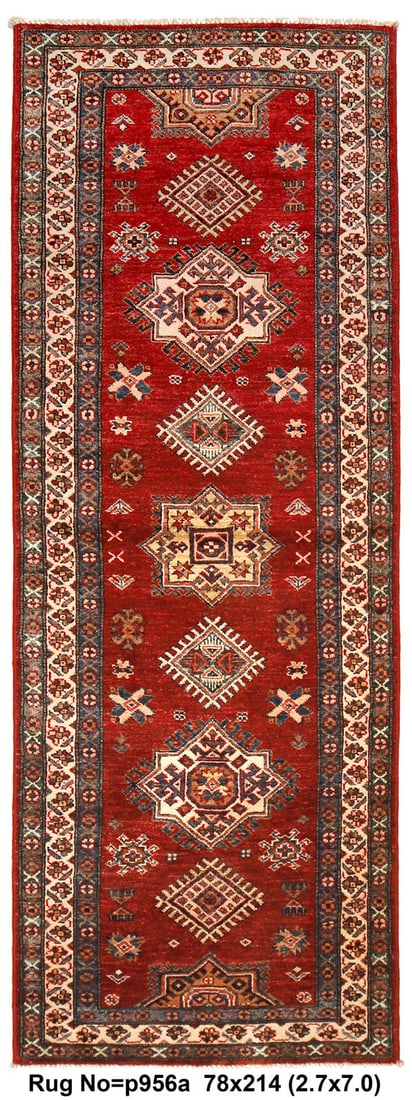 Handmade Super Kazak Runner 2.7 x 7 ft Fine Wool: Handmade Super Kazak Runner 2.7 x 7 ft Fine Wool Free continental US Shipping Enhance your space with this exquisite 2.7 x 7 Handmade Super Kazak Runner. Crafted from soft, silky fine wool, this runne