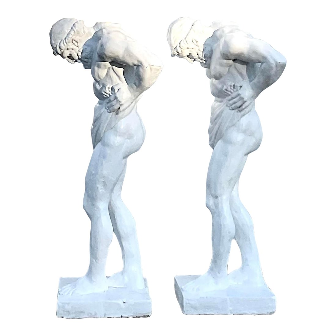 Pair of Vintage Painted Concrete Hercules Figure Pedestals: Pair of Vintage Painted Concrete Hercules Figure Pedestals A pair of vintage Grand Tour Hercules pedestals in painted concrete, sculpted after the classical hero and designed with detailed anatomical 