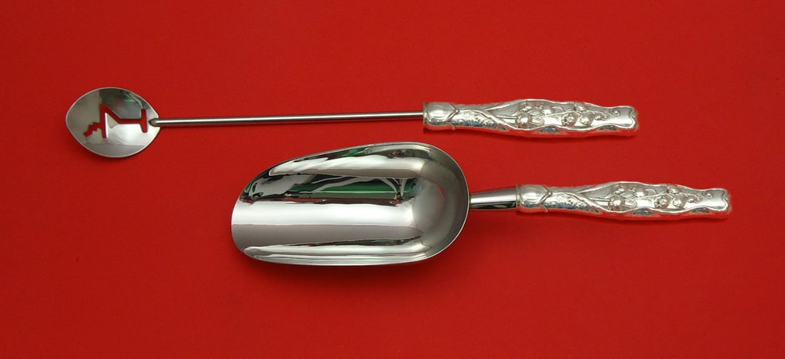 Whiting Sterling Silver Lily of the Valley 2pc Custom Bar Set: Whiting Sterling Silver Lily of the Valley 2pc Custom Bar Set This exquisite 2-piece bar set features the elegant "Lily of the Valley" pattern by Whiting, crafted from high-quality sterling silver wit