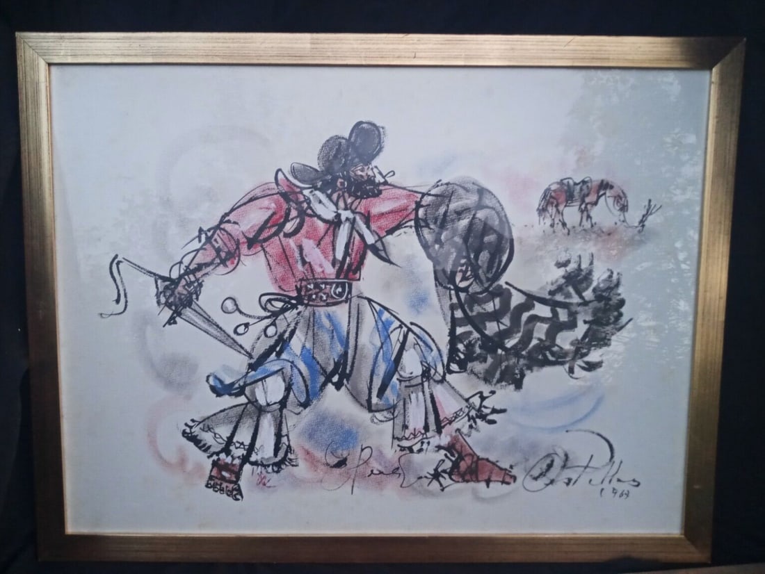 Framed Gaucho Cowboy Horse Painting by Elena Castellanos 21x27.5: Framed Gaucho Cowboy Horse Painting by Elena Castellanos 21x27.5 Vintage framed artwork by Elena Castellanos depicting a gaucho cowboy in a rural scene with a horse. This Argentina-origin piece is des