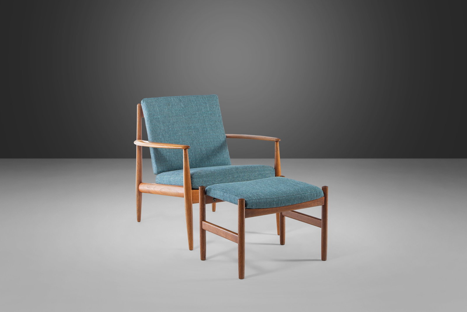 1960s Danish Modern Grete Jalk Chair and Ottoman Teak Fabric Set: 1960s Danish Modern Grete Jalk Chair and Ottoman Teak Fabric Set Experience the elegance of Danish design with this Model 118 Chair by Grete Jalk, paired with a complementary ottoman, both crafted in 