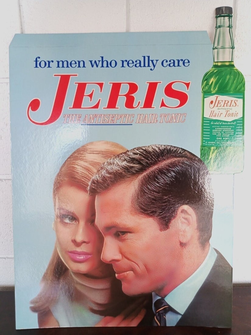 Jeris Hair Tonic die cut cardboard barber display sign 24.5 x 17.75 (1 of 6)