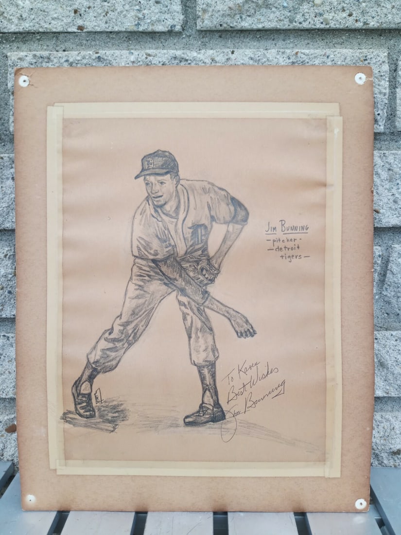 Original Jim Bunning signed graphite sketch Detroit Tigers Karen Bush (1 of 6)
