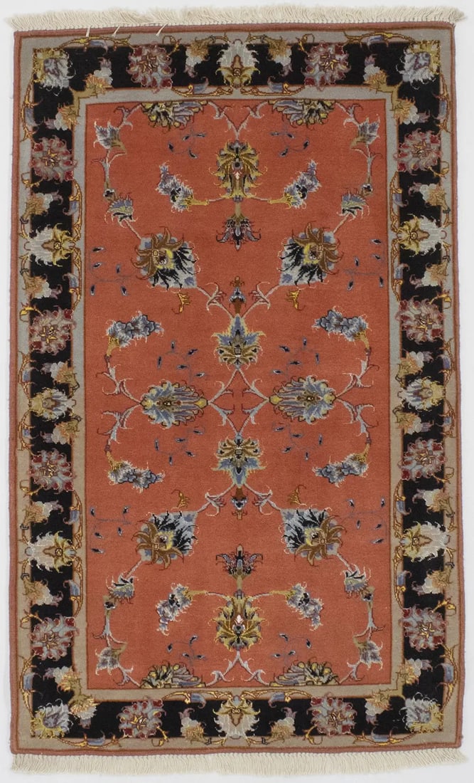 Handmade Modern Floral Oriental Rug Wool Silk 2'6 x 4'2: Handmade Modern Floral Oriental Rug Wool Silk 2'6 x 4'2 Enhance your home decor with this exquisite Extra Fine Oriental Rug, featuring a beautiful blend of colors including coral, black, blue, brown, 