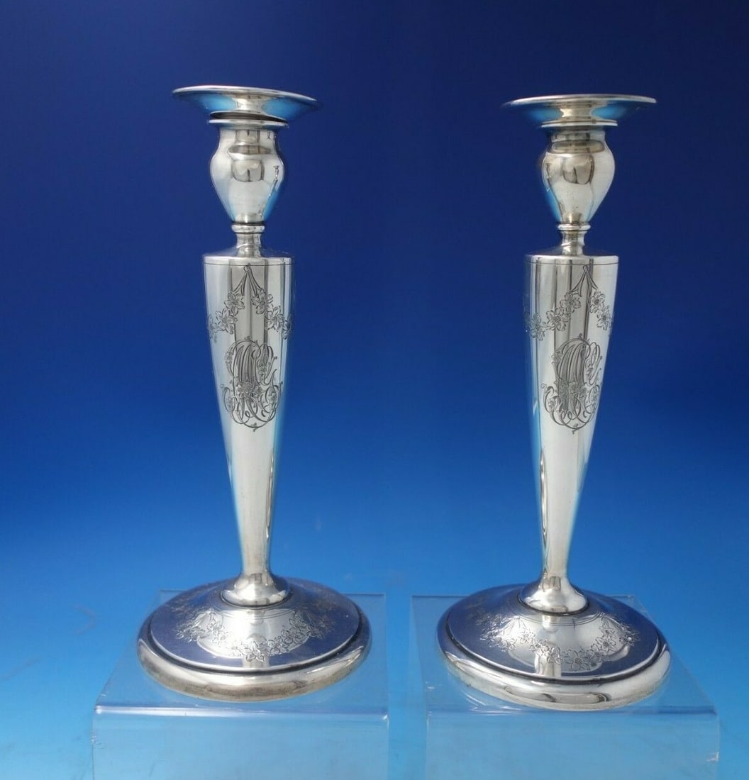 Black Starr & Frost Sterling Silver Bright-Cut Candlestick Pair Monogrammed 10": Black Starr & Frost Sterling Silver Bright-Cut Candlestick Pair Monogrammed 10" This exquisite pair of candlesticks from Black Starr & Frost showcases a stunning bright-cut design, crafted from high-q