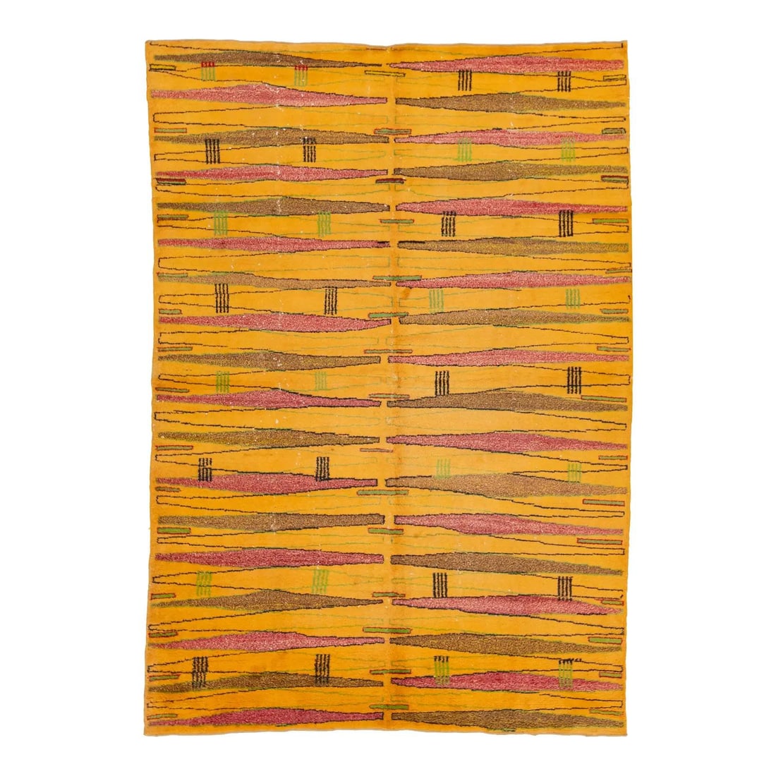 Handmade Turkish Vintage Wool Rug Geometric Goldenrod 7' x 9'11'': Handmade Turkish Vintage Wool Rug Geometric Goldenrod 7' x 9'11'' Enhance your space with this exquisite handmade Turkish vintage wool rug. Featuring a stunning goldenrod field adorned with a geometri