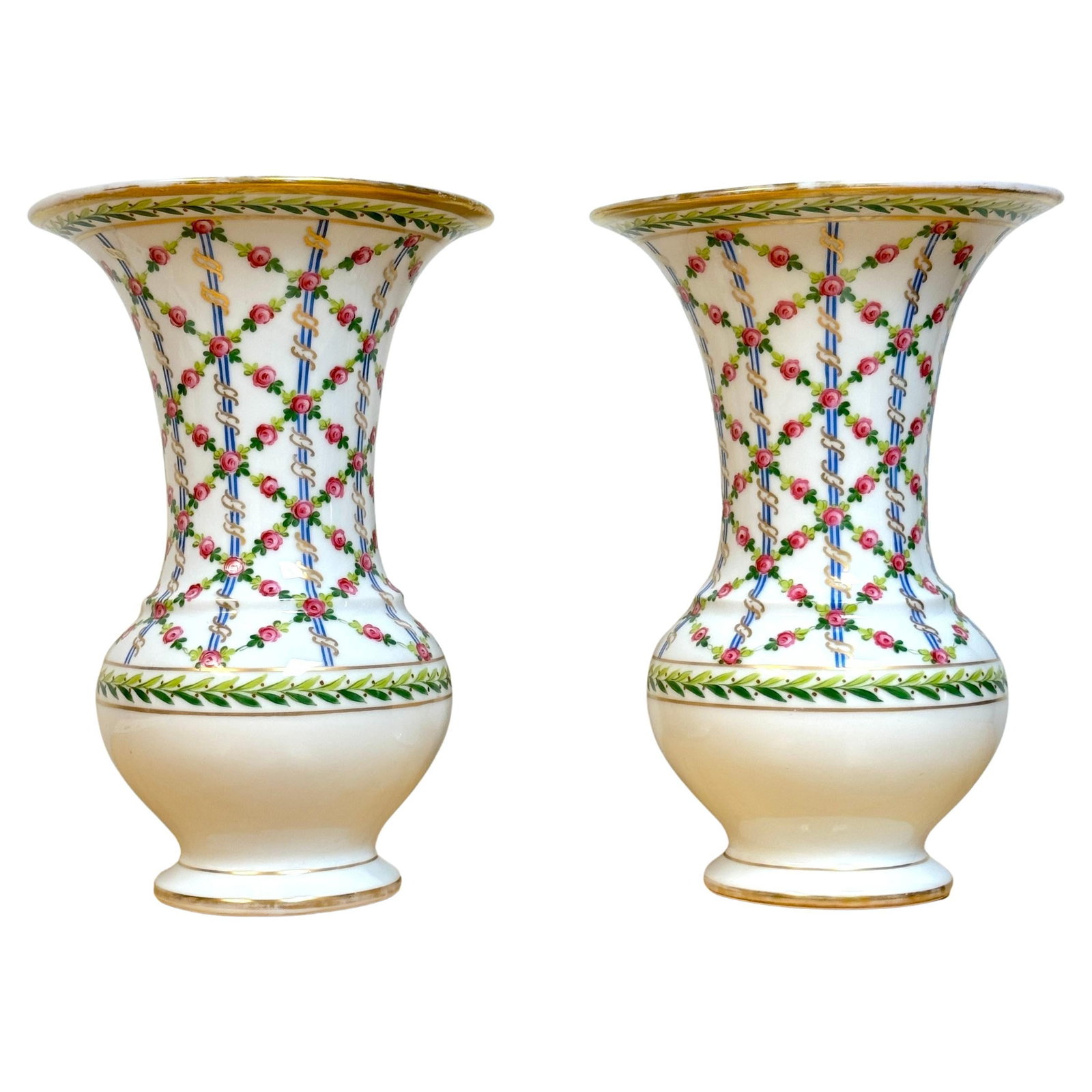 Royal Vienna Sevres Floral Trellis Vases by Nash Set of 2: Royal Vienna Sevres Floral Trellis Vases by Nash Set of 2 This exquisite pair of Royal Vienna Sevres-style floral trellis vases, artist-signed 'Nash', showcases the finest in European porcelain artist