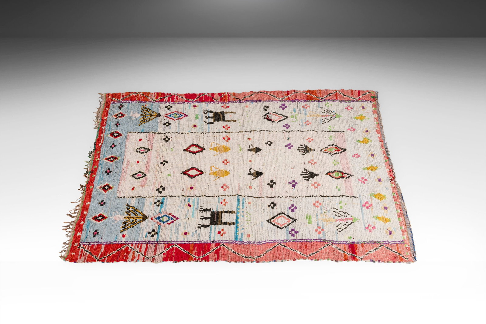 1960s Vintage Boucherouite Moroccan Hand-Woven Rug Wool Cotton: 1960s Vintage Boucherouite Moroccan Hand-Woven Rug Wool Cotton This stunning vintage Boucherouite Moroccan hand-woven carpet rug, crafted in the 1960s, showcases the exquisite artistry of the Berber t