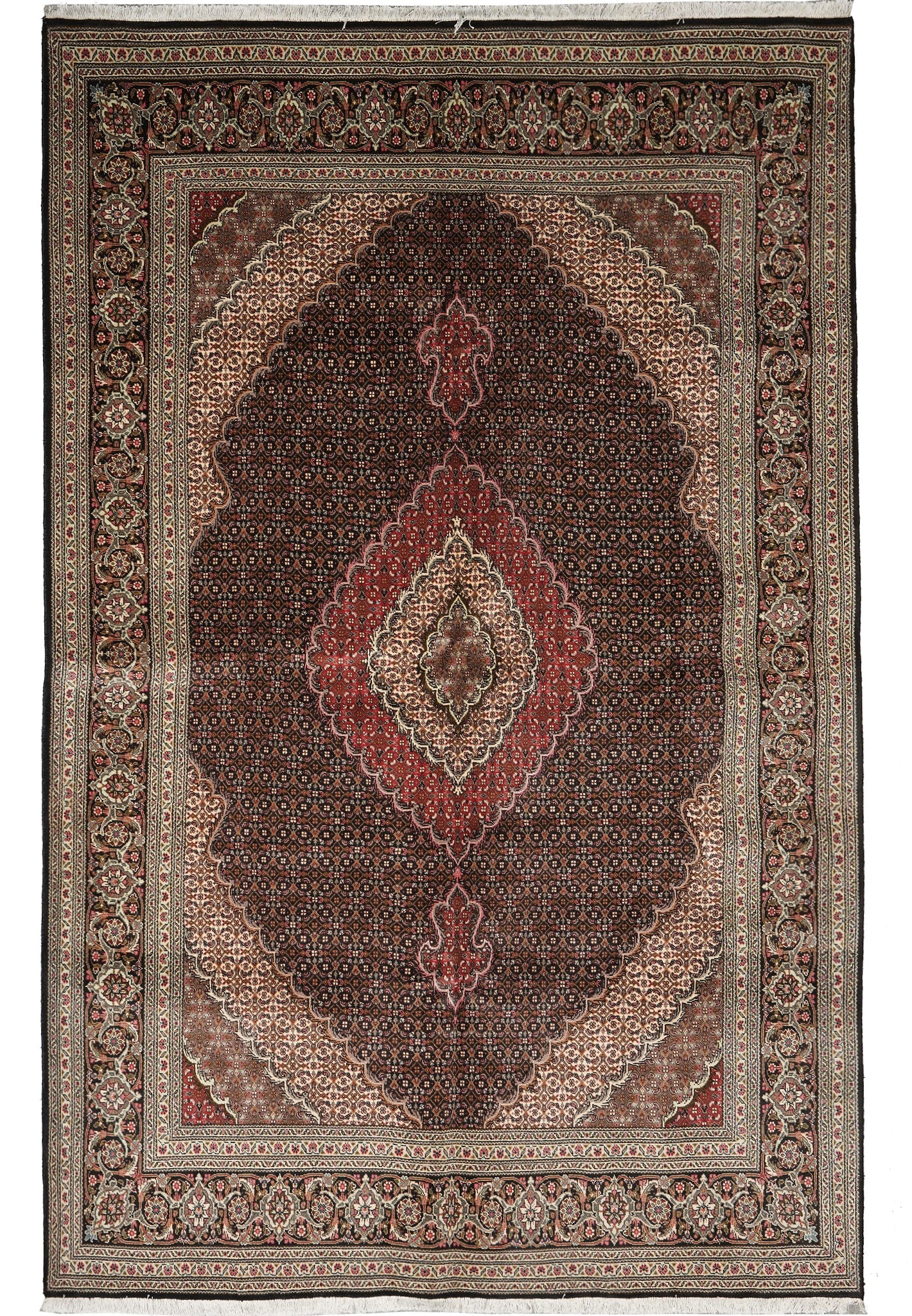 6.8 x 10 Persian Tabriz Mahi Rug Wool Silk Hand Knotted Iran: 6.8 x 10 Persian Tabriz Mahi Rug Wool Silk Hand Knotted Iran Free continental US Shipping This authentic Persian Tabriz Mahi rug is hand-knotted in Tabriz, Iran, and features the classic Mahi (Herati)