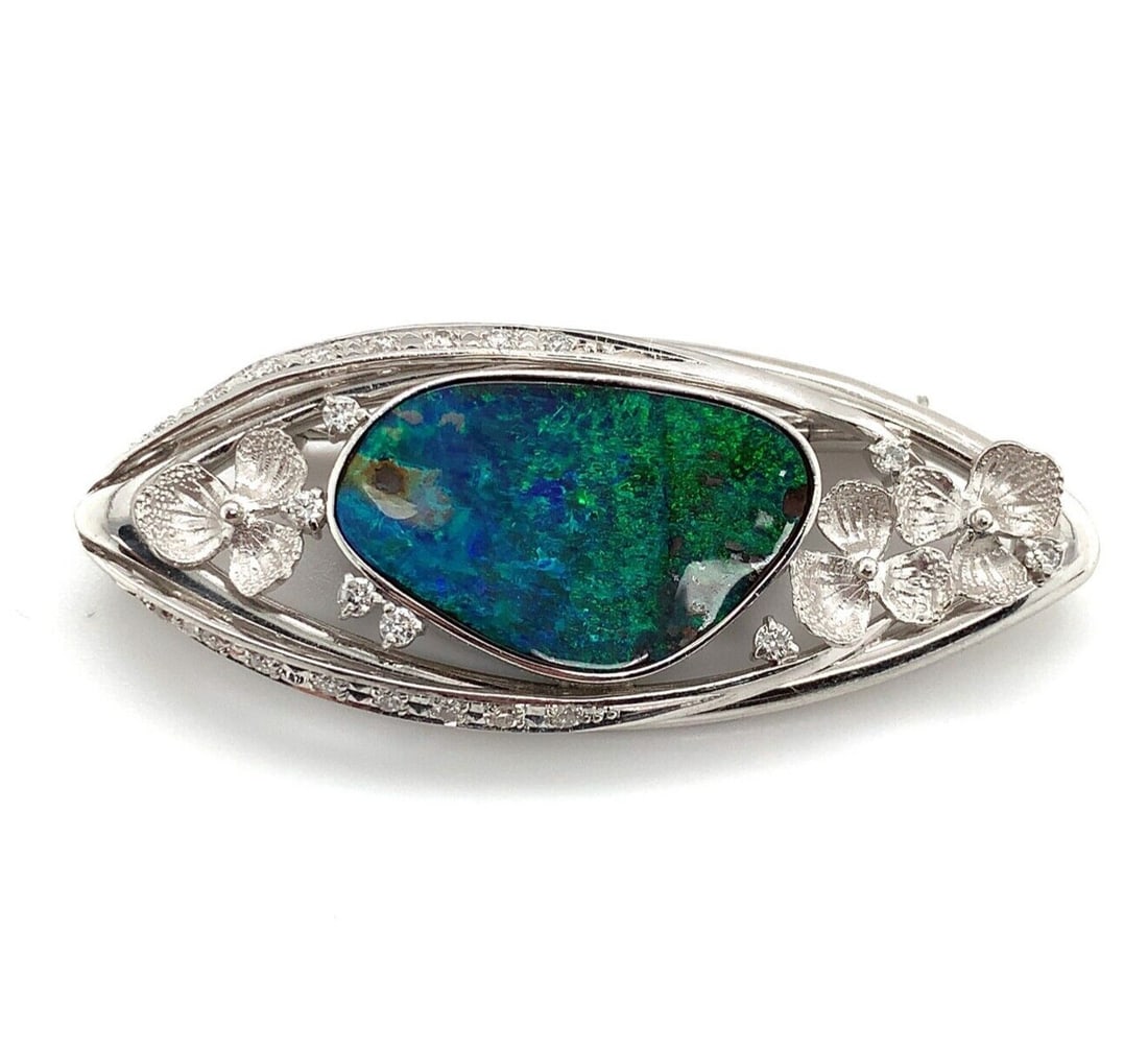 Platinum Flower Pin Pendant with Australian Black Boulder Opal and 23 Diamonds (1 of 12)