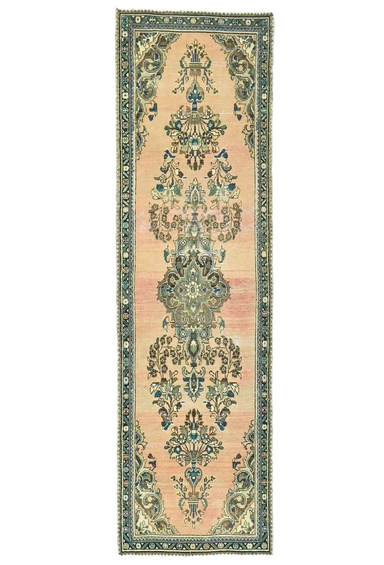 Vintage Hand-Knotted 2'8 x 9'4 Oriental Runner Rug Floral Design: Vintage Hand-Knotted 2'8 x 9'4 Oriental Runner Rug Floral Design Enhance your home with this exquisite vintage distressed Oriental runner rug, featuring a beautifully muted floral design. Measuring 2'