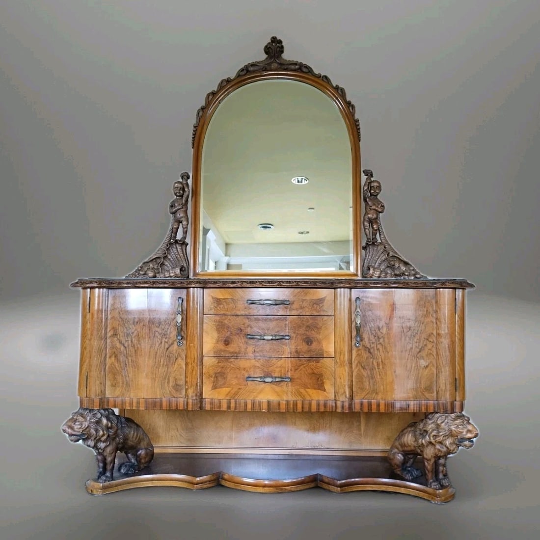 90 Italian Renaissance Revival Burlwood Sideboard with Lions and Cherubs (1 of 18)
