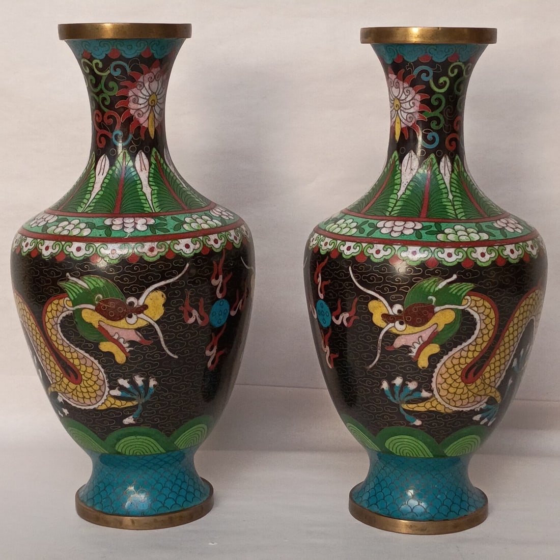 Pair of Chinese Cloisonne Dragon Vases Black 9 1/4 in (1 of 15)