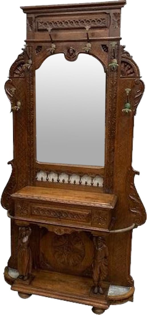 Vintage 1920s French Brittany Chestnut Hall Tree with Brass Mirror (1 of 7)