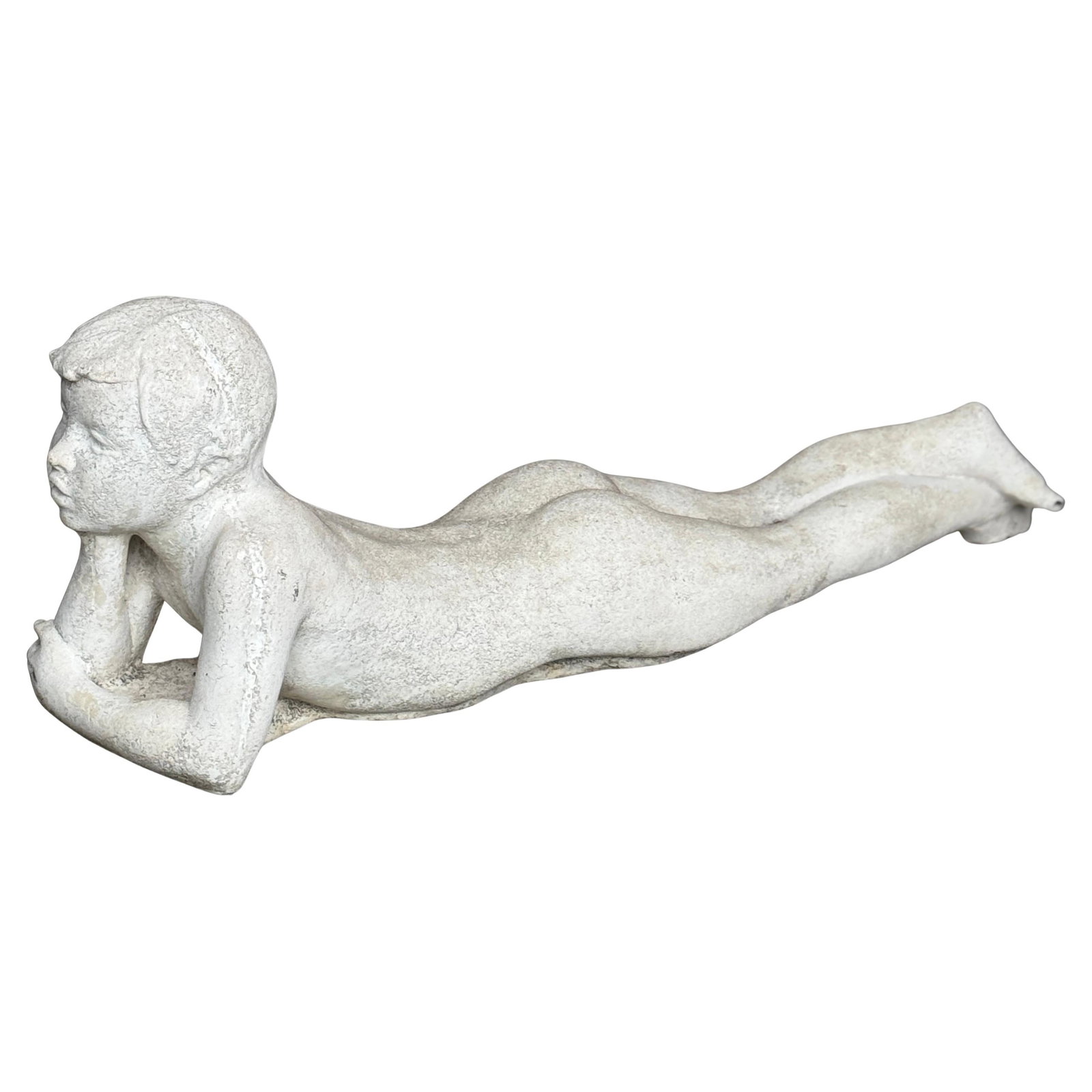 1950s American Art Deco Cast Stone Sculpture of Daydreaming Youth: 1950s American Art Deco Cast Stone Sculpture of Daydreaming Youth This exquisite American Art Deco-style garden sculpture captures the serene essence of a daydreaming youth. Crafted in the 1950s from 