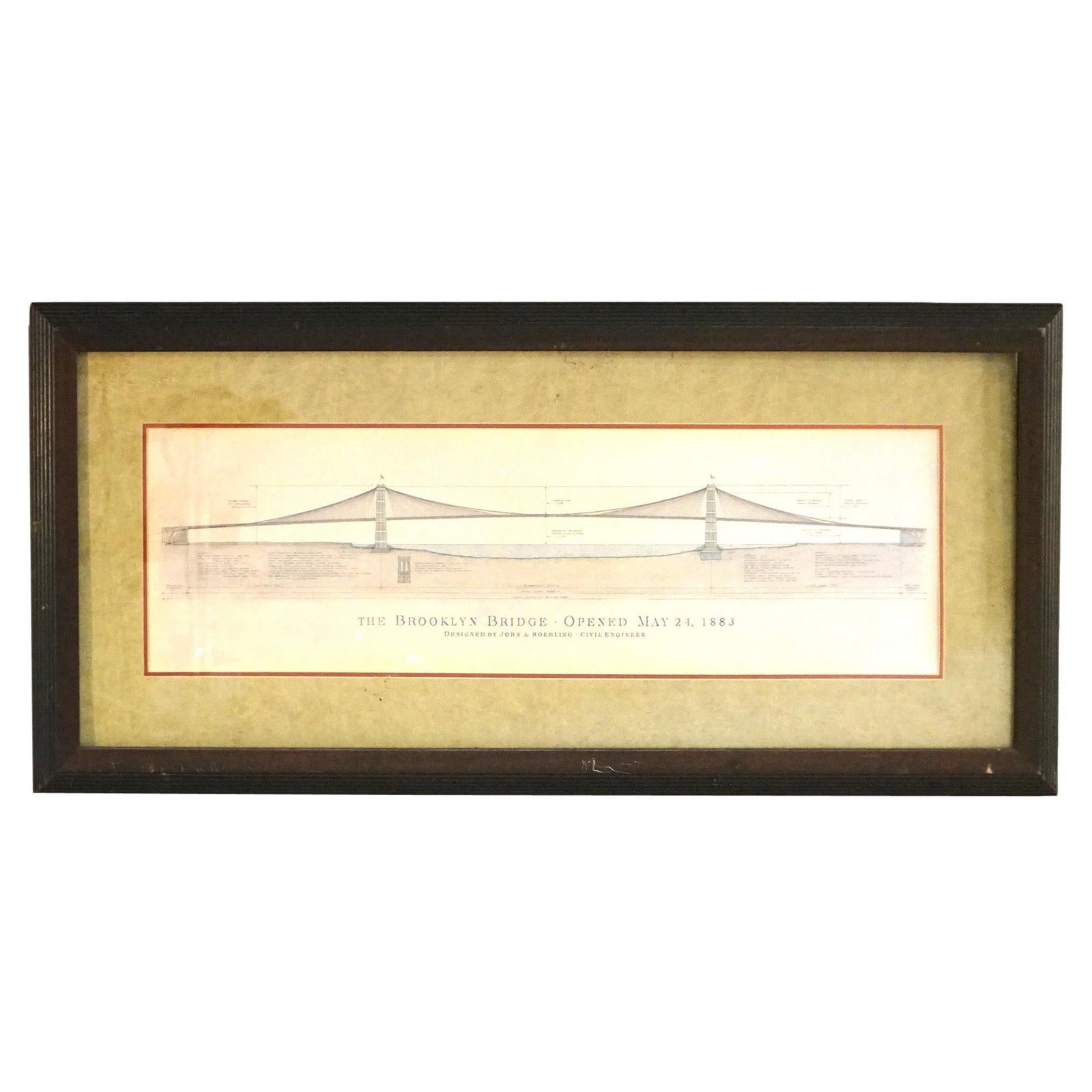 Framed 20th Century Architectural Rendering of Brooklyn Bridge NYC: Framed 20th Century Architectural Rendering of Brooklyn Bridge NYC This framed architectural rendering presents a striking depiction of the iconic Brooklyn Bridge, an engineering marvel designed by Jo