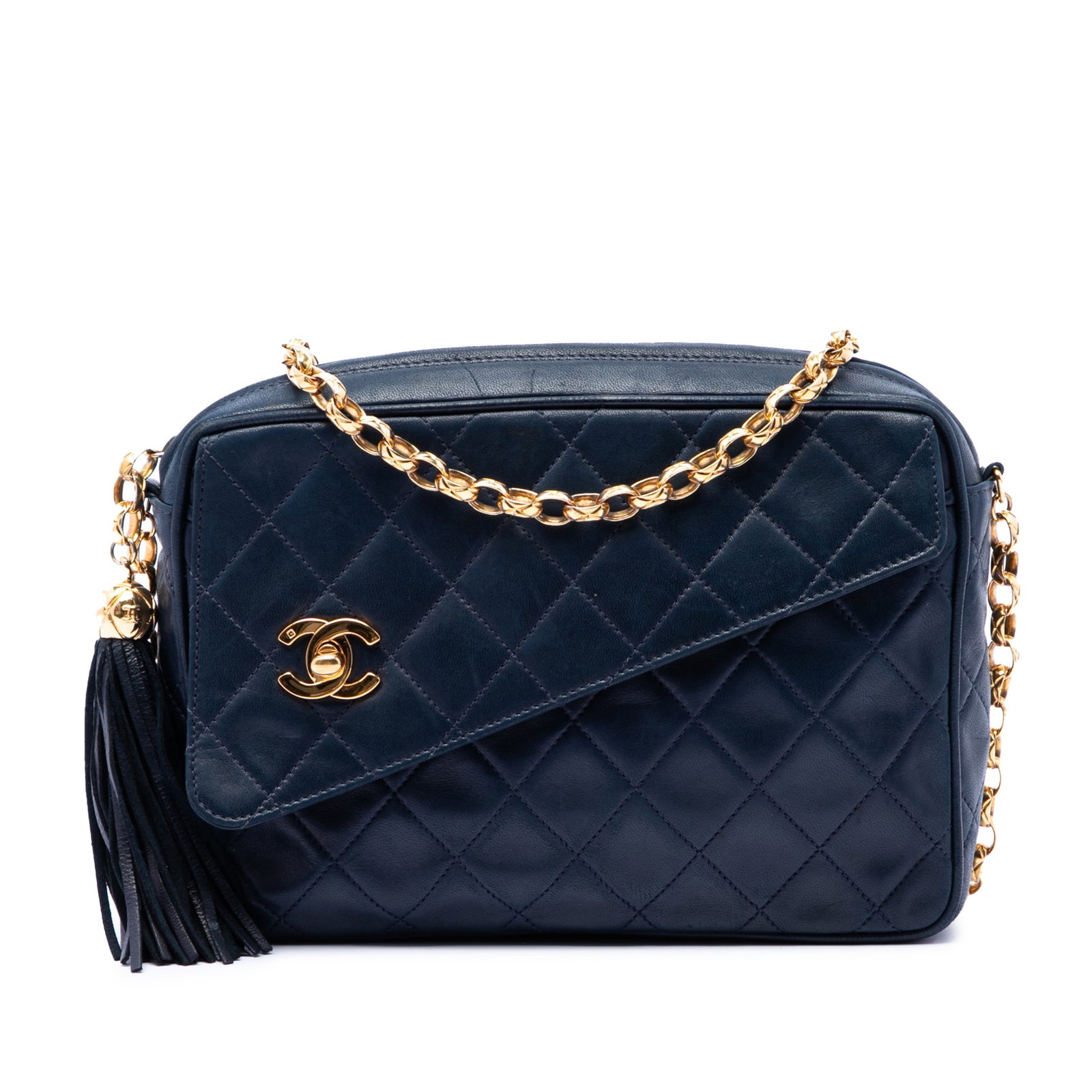 Chanel CC Tassel Camera Crossbody in Blue Quilted Lambskin: Chanel CC Tassel Camera Crossbody in Blue Quilted Lambskin Chanel CC Quilted Lambskin Tassel Camera Bag in blue quilted lambskin leather. This crossbody bag features a chain link shoulder strap, top z