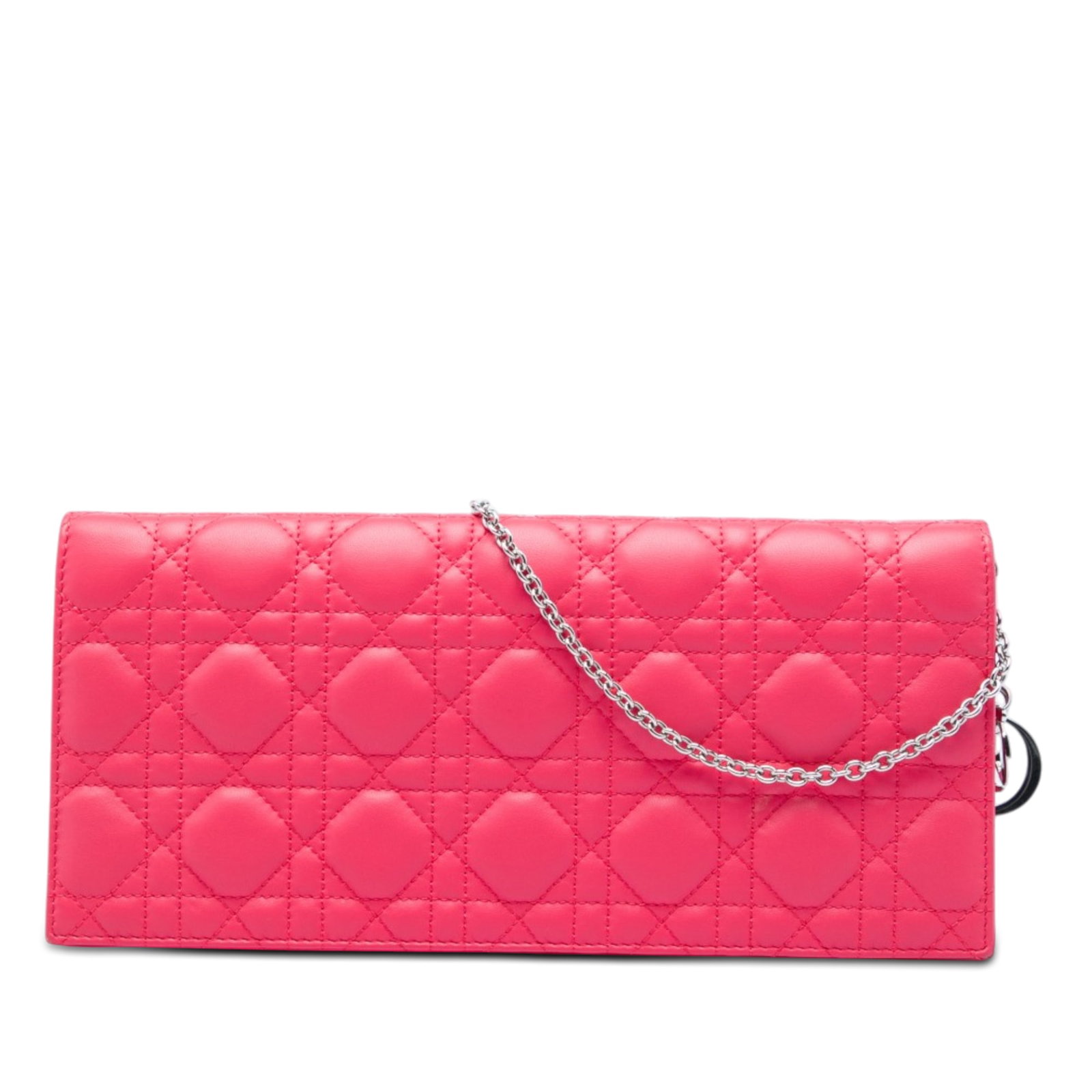 Dior Lady Dior Cannage Lambskin Wallet on Chain Pink: Dior Lady Dior Cannage Lambskin Wallet on Chain Pink Lady Dior wallet on chain in pink quilted lambskin leather with Cannage detailing. It features a chain strap, a front flap with snap closure, and a
