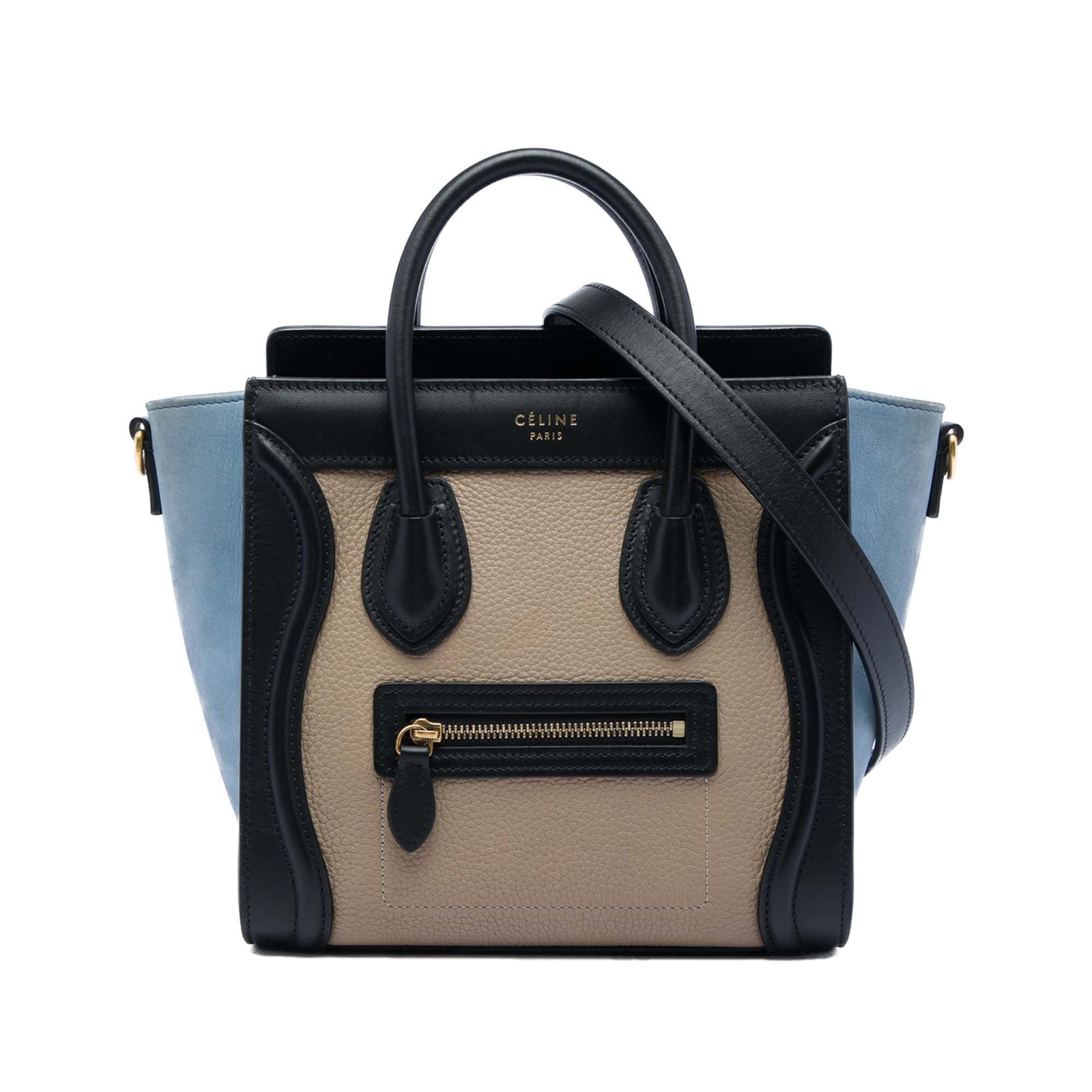 Celine Nano Luggage Tote Tricolor Leather Shoulder Bag: Celine Nano Luggage Tote Tricolor Leather Shoulder Bag Celine Nano Tricolor Leather Luggage Tote crafted with a leather body, rolled leather handles, a detachable flat leather shoulder strap, a top zi