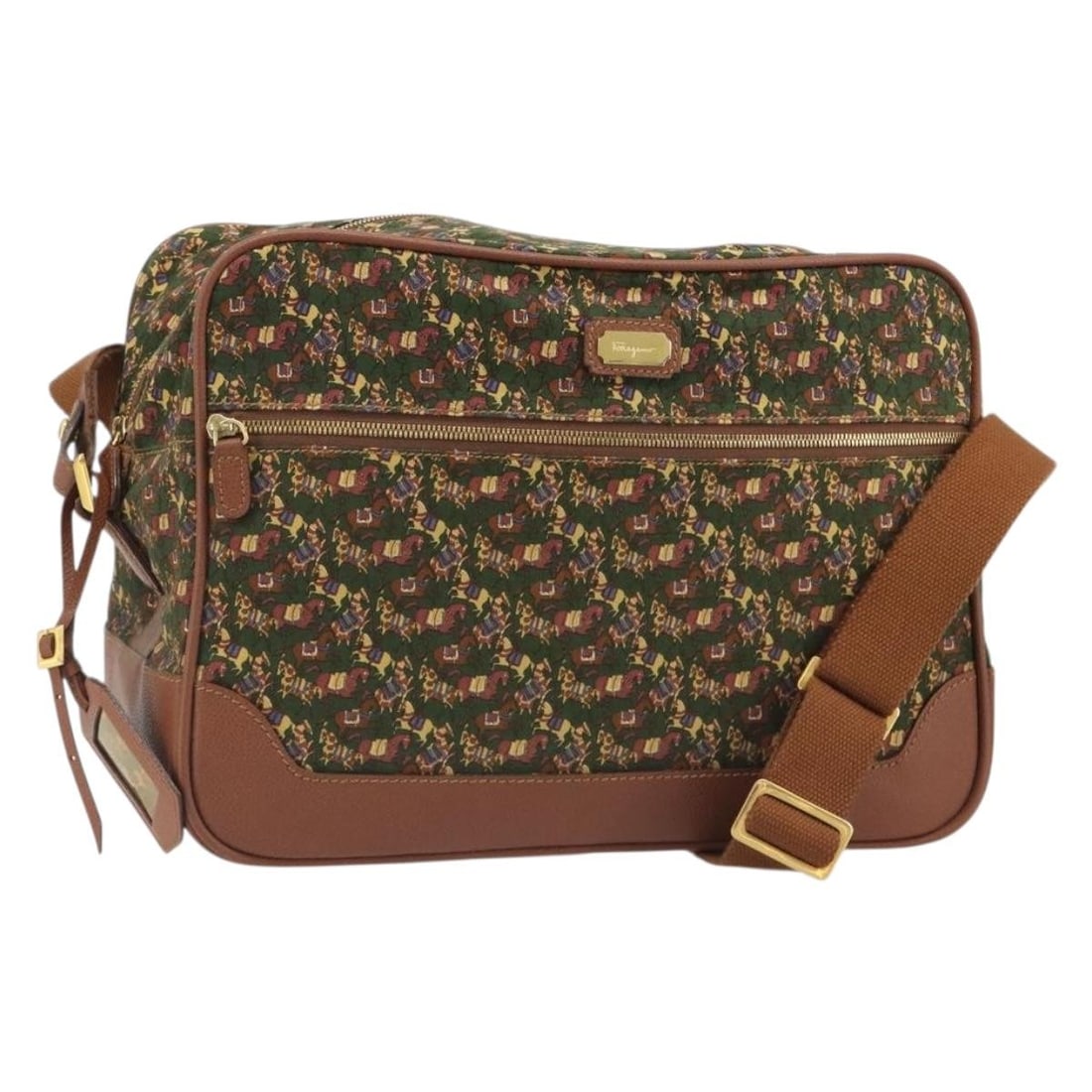 Italy Made Canvas Shoulder Bag by Salvatore Ferragamo Green Gold: Italy Made Canvas Shoulder Bag by Salvatore Ferragamo Green Gold Authentic Salvatore Ferragamo shoulder bag in green and gold canvas with a name tag accessory. Made in Italy, this women's bag shows re