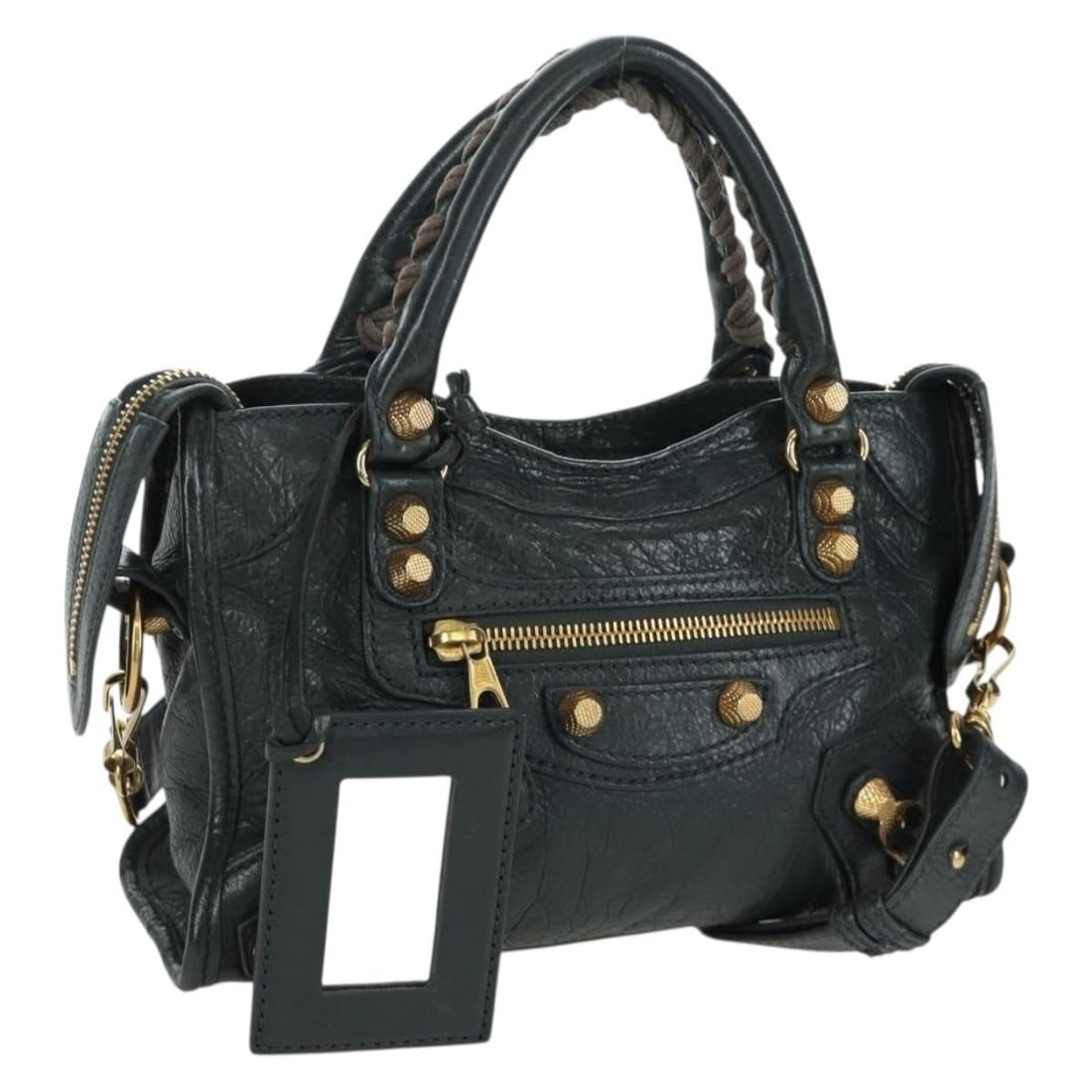 BALENCIAGA 309544 Classic Mini City Leather 2way Handbag Navy: BALENCIAGA 309544 Classic Mini City Leather 2way Handbag Navy Balenciaga Classic Mini City 2-way handbag in navy leather with gold-tone accents. Made in Italy, this women's bag includes a shoulder str