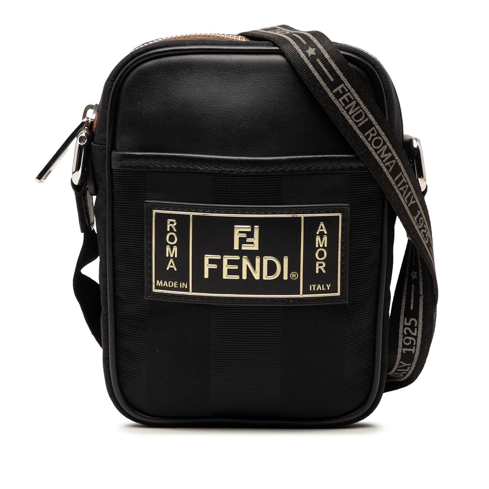 Fendi Roma Amor Small Pequin Nylon Crossbody Bag: Fendi Roma Amor Small Pequin Nylon Crossbody Bag Fendi Small Pequin Nylon Roma Amor Messenger Bag with a nylon body, leather trim, and an adjustable flat canvas strap. The bag features a top zip closu