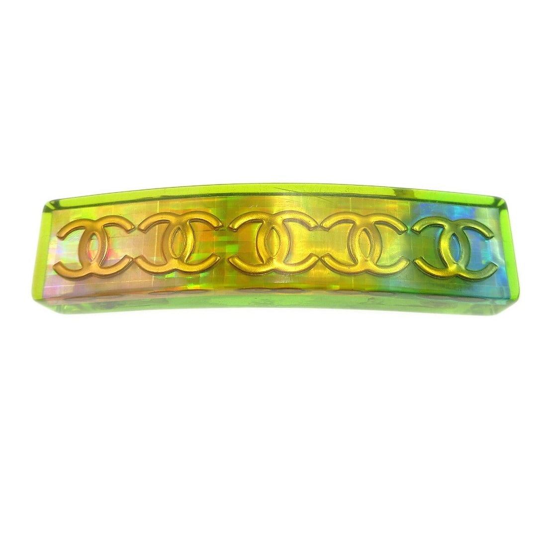 Chanel 97P 61 Multicolor Plastic Hair Barrette with CC Logos: Chanel 97P 61 Multicolor Plastic Hair Barrette with CC Logos Chanel hair clip barrette in yellow and multicolor plastic with CC logo detailing. Made in France, this barrette features a colorful design