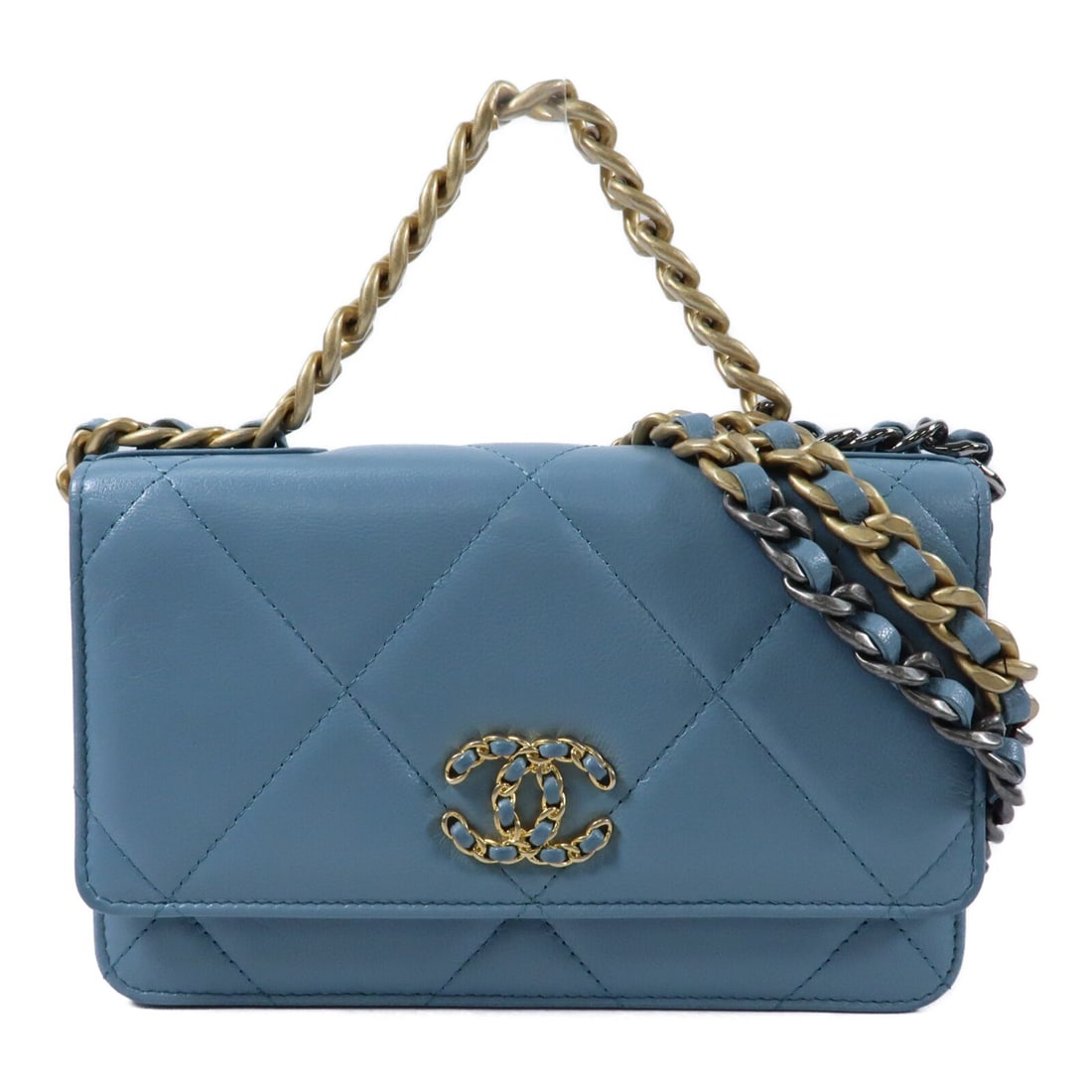 CHANEL AP3257 C19 Wallet on Chain Blue Lambskin 2 Way Shoulder Bag: CHANEL AP3257 C19 Wallet on Chain Blue Lambskin 2 Way Shoulder Bag CHANEL C19 Wallet On Chain 2 Way Shoulder Bag in blue lambskin (sheep leather). This women's bag features a compact silhouette with a