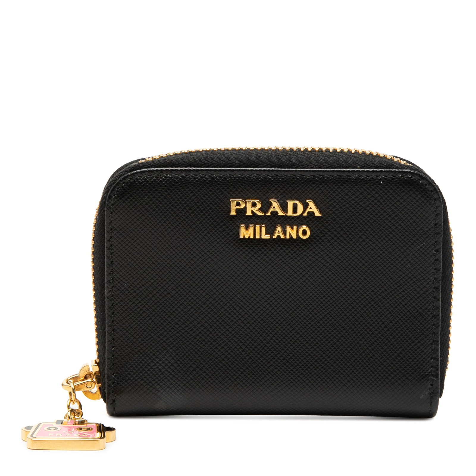 Prada Saffiano Leather Coin Pouch Zip Around Black: Prada Saffiano Leather Coin Pouch Zip Around Black Prada Saffiano Zip Around Coin Pouch crafted in black leather with a zip-around closure and interior slip pockets. Made in Italy. Condition is AB wit