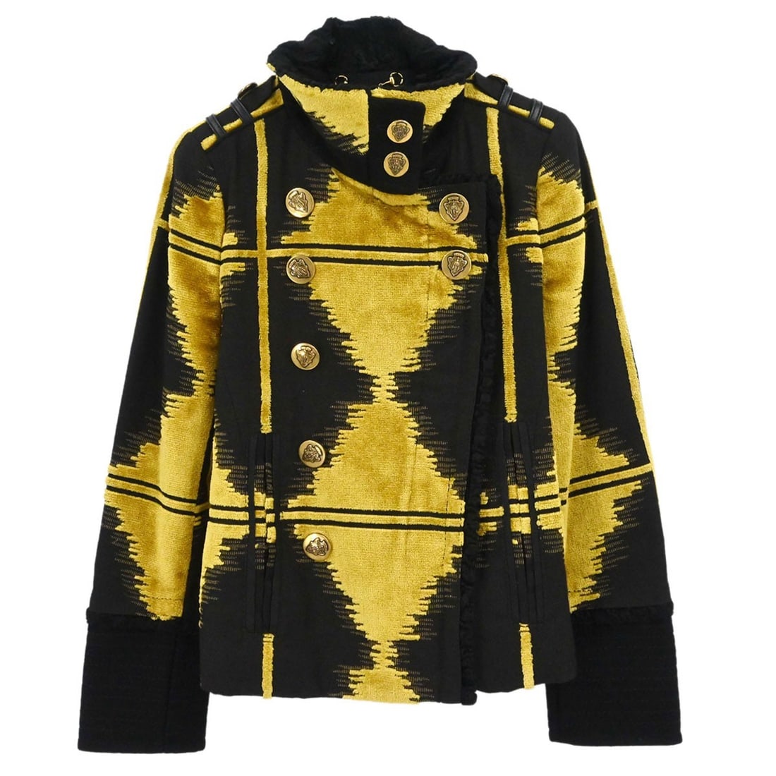 Gucci Womens IT 38 Mid Length Black Velvet Jacket Gold Trim: Gucci Womens IT 38 Mid Length Black Velvet Jacket Gold Trim Gucci mid-length basic jacket in black velvet with gold-tone detailing. Designed for women with a collared silhouette and regular fit. Made 