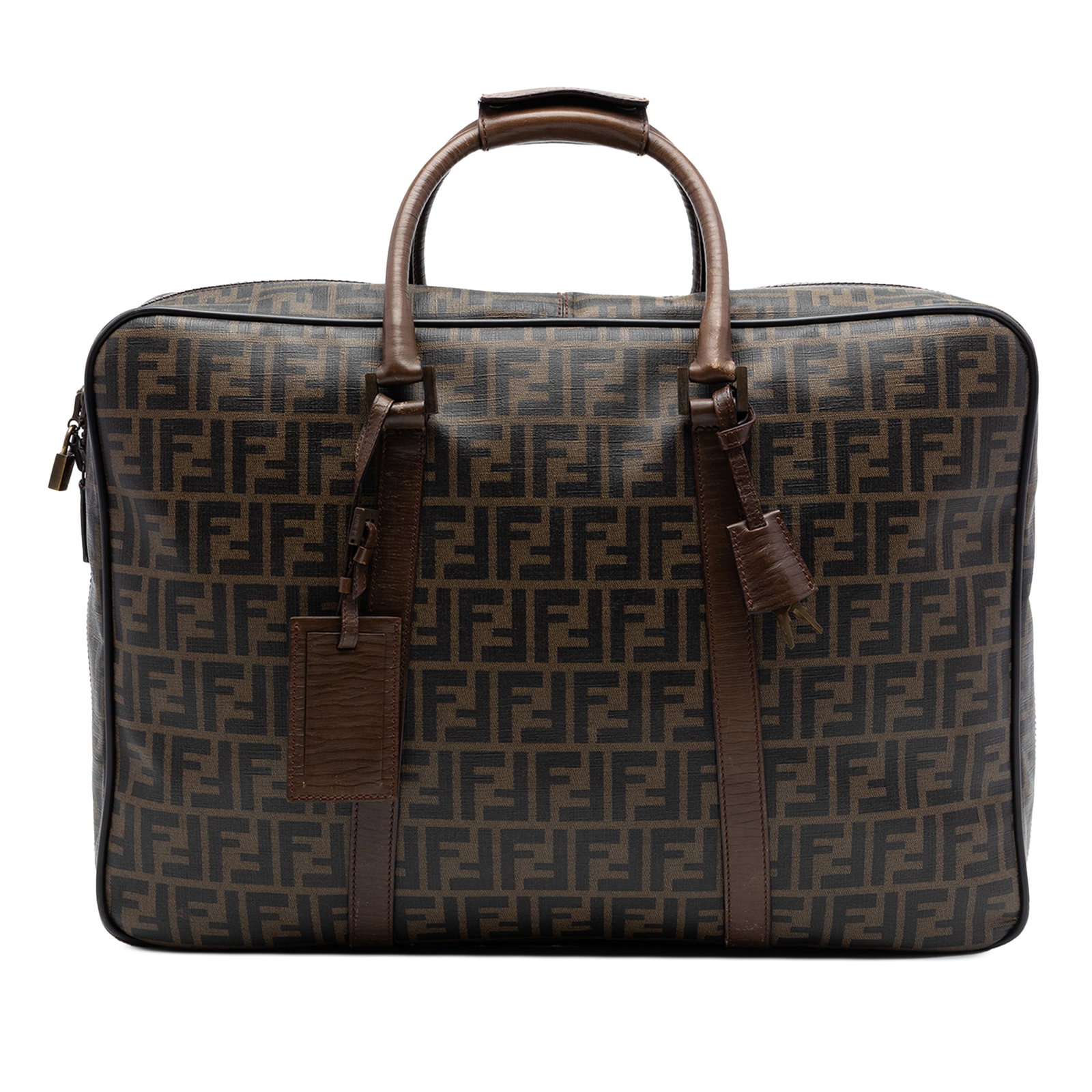 Fendi Zucca travel suitcase in coated canvas with leather trim: Fendi Zucca travel suitcase in coated canvas with leather trim Fendi Zucca coated canvas suitcase with leather trim, rolled leather handles, a zip-around closure, and an interior slip pocket. Made in 