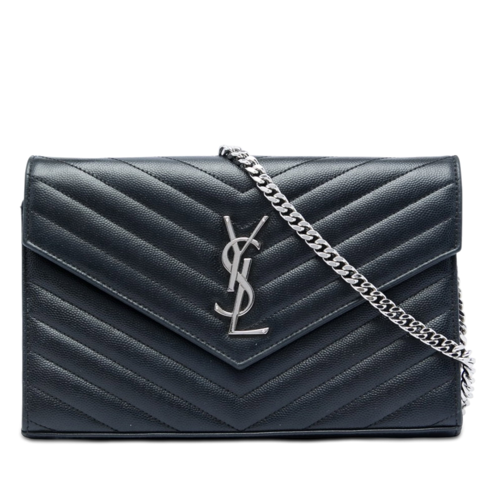 Saint Laurent Cassandre Envelope Chain Wallet in Black Quilted Leather: Saint Laurent Cassandre Envelope Chain Wallet in Black Quilted Leather Saint Laurent Grain De Poudre Chevron Cassandre Envelope Chain Wallet in black quilted leather. This wallet on chain features a d